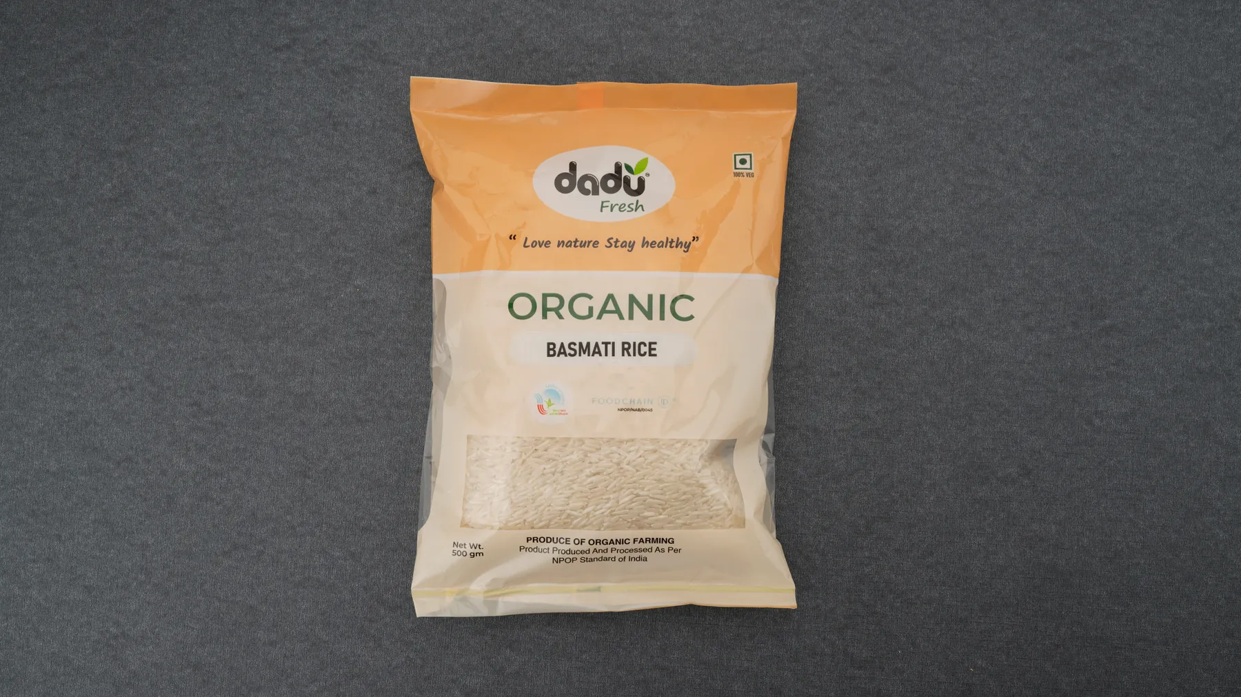 100% Organic Basmati Rice 500gm front pack